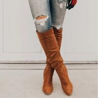 Botas largas de gran tamaño para mujer, tacón grueso de gamuza, cremallera lateral puntiaguda, botas de caballero de moda de Color sólido - details 9