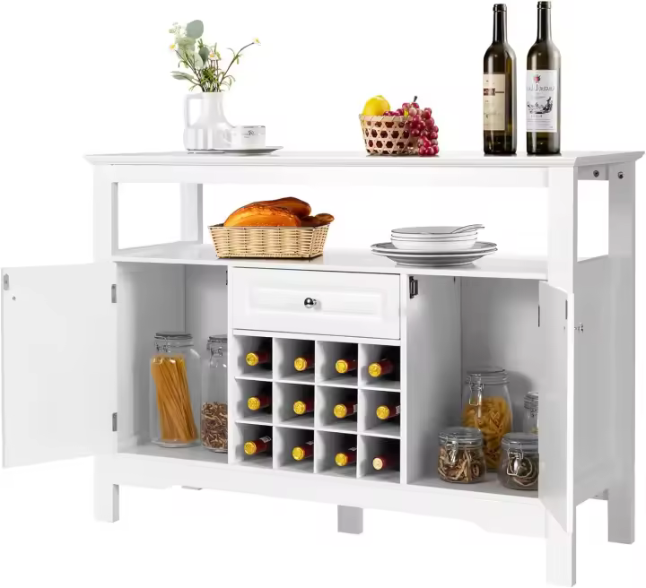 Aparador de Cocina con Botellero para 9/12 Botellas, Mueble Buffet con 2 Armarios con Puerta y un Cajón, Armario de Almacenamiento para Comedor, Salón, 116 x 40 x 82 cm (Negro) - 1