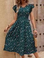 Vestido estampado de verano 2025, nuevo, elegante, para mujer, con cuello en V, lazo en la cintura y mangas con volantes. - details 10