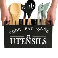 Organizador de Utensilios de Cocina de Madera Sólida Caja de Almacenamiento con Divisor para Cuchillos, Garfos, Cuchares Ideal para Cocinar - details 0