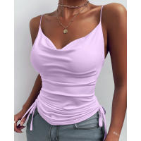 Top sin mangas con cuello drapeado y tirantes delgados para mujeresVCamisola sin mangas plisada de moda para el verano - details 9