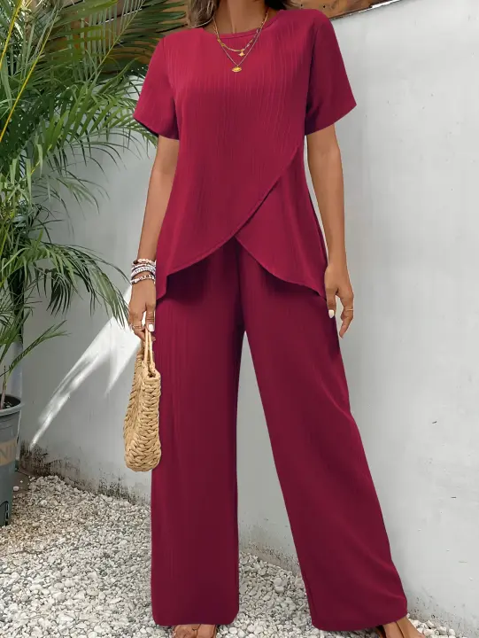 Moda Informal para Mujer 2025 Vestido Corto Liso con Cuello Redondo, Manga Corta, Top Irregular, Pantalones Cortos de Cintura Elástica Conjunto de Dos Piezas - 1