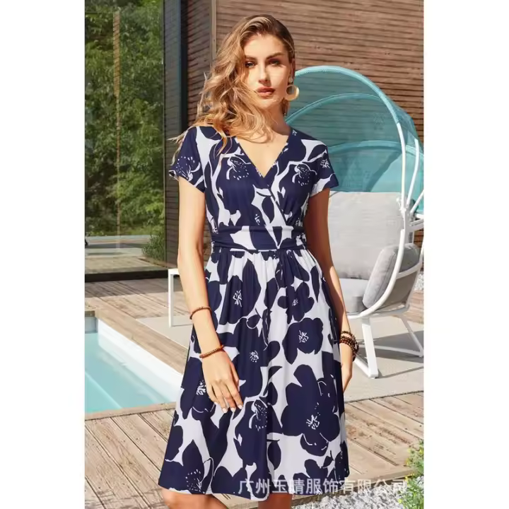 Verano nuevo vestido de sol de moda informal de vacaciones para mujer con cuello en V y estampado floral de manga corta - 1