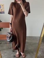 Nuevo vestido Vintage de verano para mujer, tejido de seda helada, moda coreana, cuello redondo, manga corta, informal, suelto, Vestidos largos con abertura - details 2