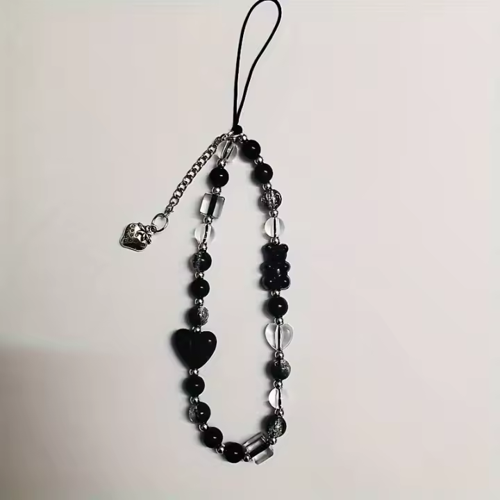 Cadena para teléfono con diseño de oso de fresa negro, correa para muñeca, cordón para teléfono móvil, llavero para chica, funda para teléfono móvil, cadena colgante - 1