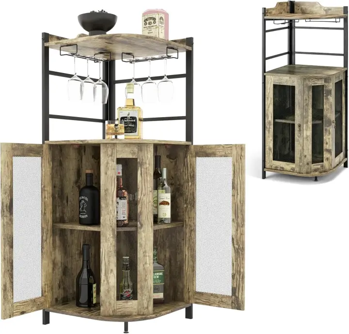 Armario de Esquina con Soporte de Copas, Mueble Bar con Puertas de Malla Metálica, Aparador de Vino con Estante Ajustable, Botellero Esquinero para Cocina, Comedor, 48 x 48 x 130 cm (Marrón) - 1