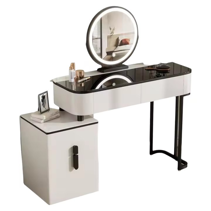 LED Ajustable y Espejo, Maquillaje con Tablero Vidrio Reforzado y Cajonera, Montaje Flexible, 100x40 cm, Mesa Mara y Metal, Blanco+Negro, MB6110wsz - 1
