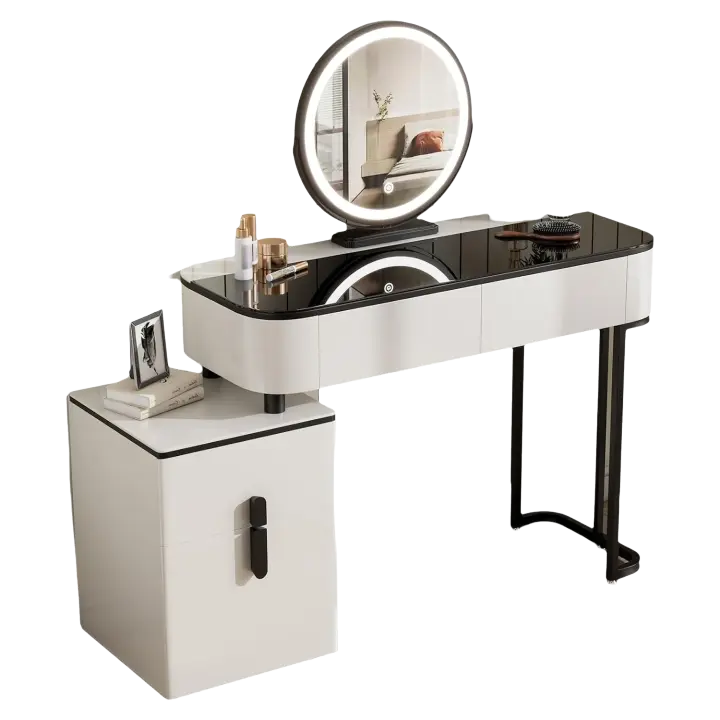 LED Ajustable y Espejo, Maquillaje con Tablero Vidrio Reforzado y Cajonera, Montaje Flexible, 100x40 cm, Mesa Mara y Metal, Blanco+Negro, MB6110wsz - 1