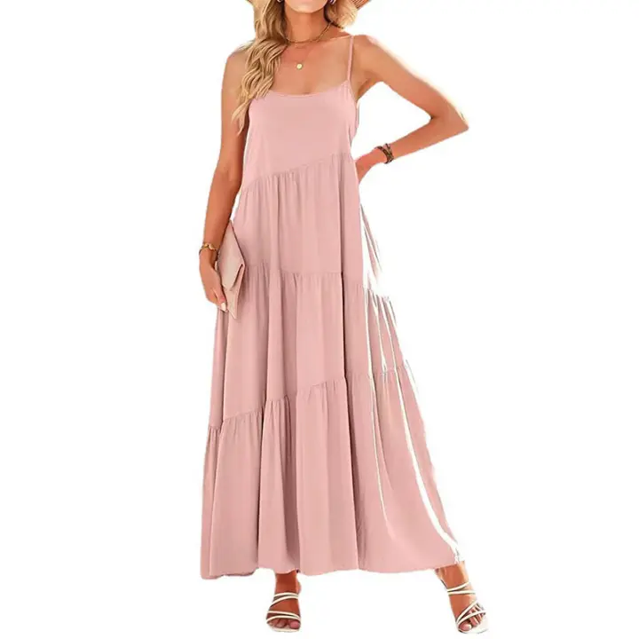 Vestido largo de verano para mujer, informal, suelto, sin mangas, con tirantes finos, bohemio, de lino, para vacaciones en la playa - 1