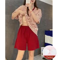 Conjunto De Pijamas Para Mujer Talla Grande Con Almohadilla Verano Estilo Coreano Moda Holgada Y Casual Verde Estampado Rayado Homewear - details 11