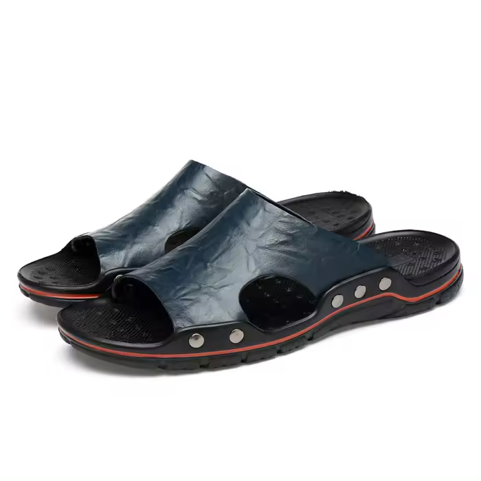 Nuevas sandalias de verano para hombre, zapatillas de playa de verano, sandalias de cuero genuino, zapatillas planas informales transpirables con agujeros - 1