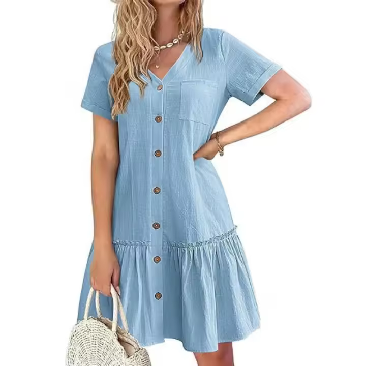 Vestido largo de algodón y lino para mujer, vestido de verano informal vintage con botones y cuello en V de manga corta suelta - 1