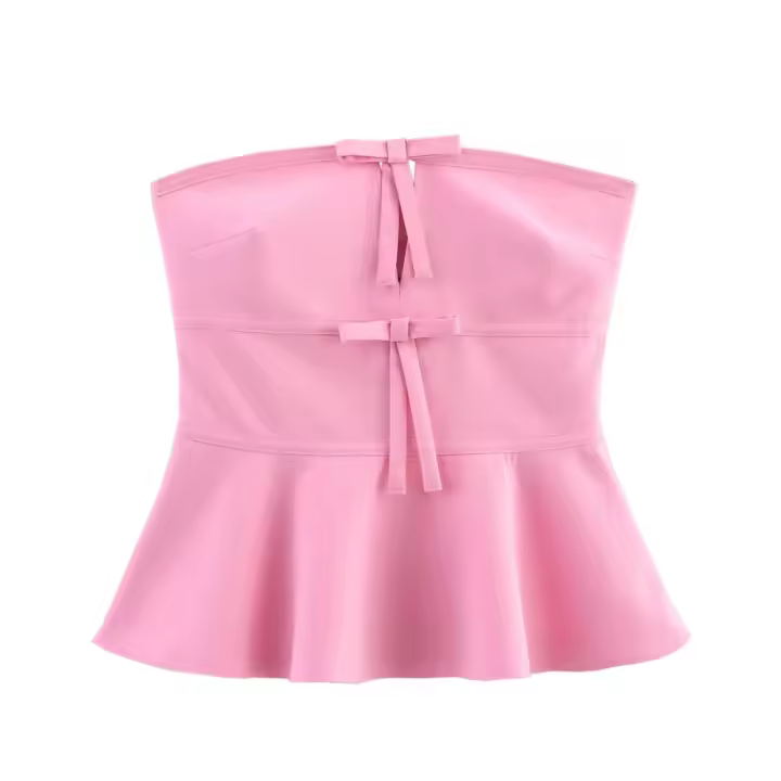 PB & ZA 2025 estilo dulce simple temperamento decoración de lazo fuera del hombro tubo top novedad de verano ropa de mujer - 1