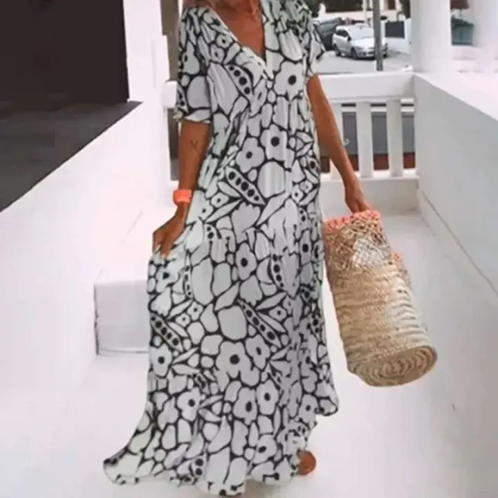 Vestido Casual de Cintura Alta y Manga Corta para Mujer en Verano Estilo Largo y Suelto con Estampado Ideal para Fiestas de Playa de Vacaciones - 1