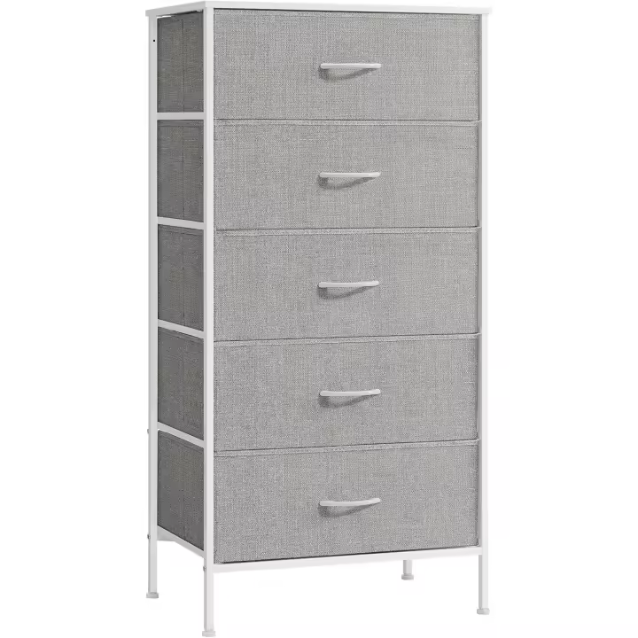 Cómoda de 5 Cajones, Cajonera, Mueble de Almacenamiento de Tela, 40 x 60 x 120 cm, Estilo Moderno, Blanco y Gris Claro LTS815W01 - 1