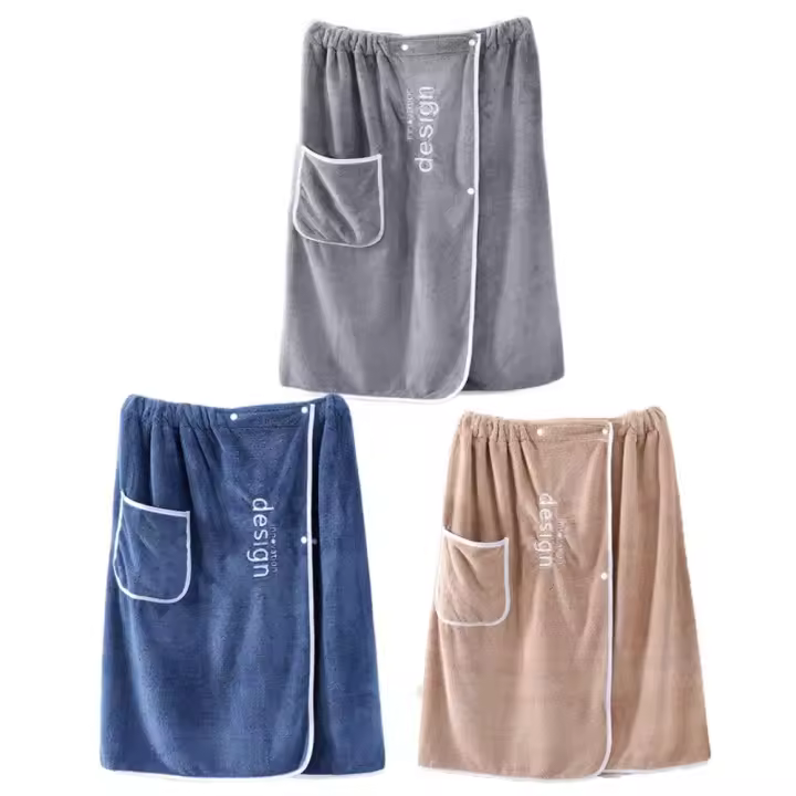 Toalla de baño suave con bolsillo para hombre, toalla de ducha larga de terciopelo Coral, falda de toalla corta de Color sólido para el hogar - 1