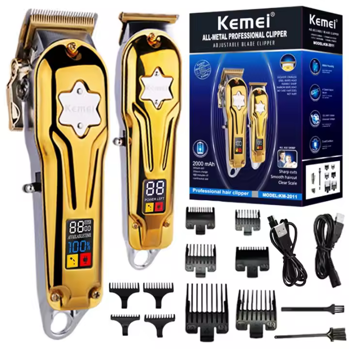 Original kemei de metal completo kit combo Maquinilla de cortar el pelo de barbero para hombres eléctrico profesional barba trimmer pelo recargable corte de pelo - 1