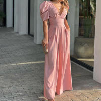 Mono Elegante De Cintura Alta Para Mujer, Cuello En V, Ajustado, Estilo De Oficina, Sólido, Verano - details 9