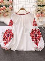 EWQ Estilo Dulce mujeres pulóver camisas bordado Patchwork vendaje cuello pico manga linterna primavera novedad de verano blusa SN0452 - details 1