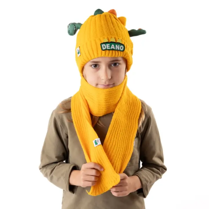 Bufandas y sombreros de invierno para niños, amarillos, dinosaurios, Sombreros infantiles, lindos, pequeños, dinosaurios cálidos - 1