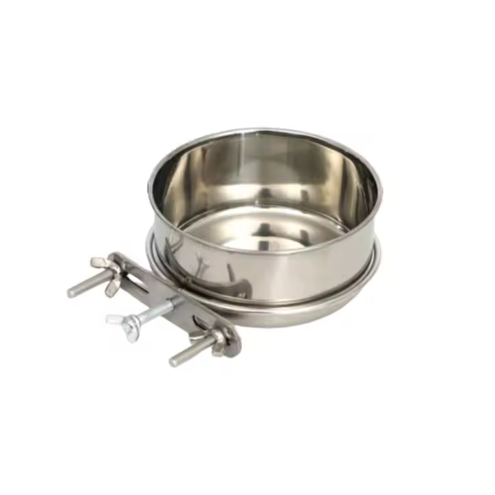 Cuencos colgantes de acero inoxidable para comida de pájaros, dispensador de agua para perros con soporte de abrazadera, jaula desmontable, platos alimentadores para mascotas - 1