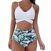 Traje de baño dividido de cintura alta para mujer, bikini multicolor con estampado de cuello halter cruzado - details 11