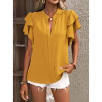 Jersey Elegante De Color Rojo Rosa Para Mujer, Blusa Informal Con Cuello En V Y Mangas Con Volantes De Doble Capa, Top De Color Sólido - details 25