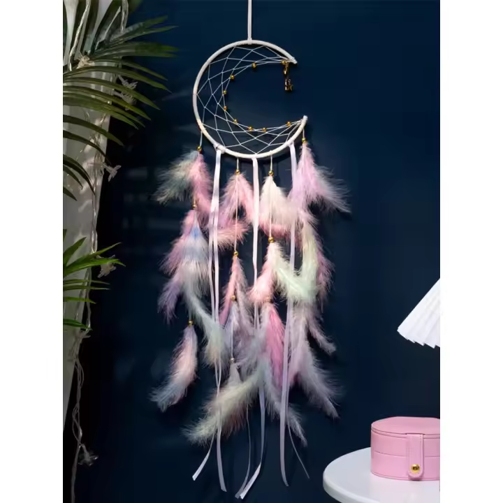 Atrapasueños de Luna, campanas de viento de plumas, adornos colgantes de pared tejidos a mano para dormitorio, regalos de Festival de cumpleaños, manualidades de decoración del hogar - 1