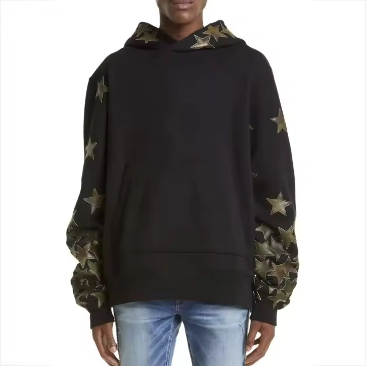 Decheng jersey de algodón con parche de estrella de alta calidad, sudadera con capucha con hombros caídos y peso pesado cosido - 1