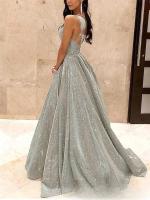 Elegante vestido de noche de fiesta para mujer, vestido largo suelto de Color sólido con tirantes y purpurina, Sexy y el - details 2