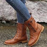 Botines de punta redonda con cordones para mujer, botas militares de combate de tacón bajo de media pantorrilla, botines de equitación - details 4