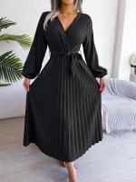 Vestido largo plisado de manga larga con cuello en V elegante para mujer - details 7