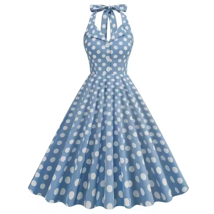 2025 nuevo Hepburn verano Vintage lunares mujeres Halter elegante fiesta 50s 60s Rockabilly Pin Up túnica Swing vestido de cola - 1