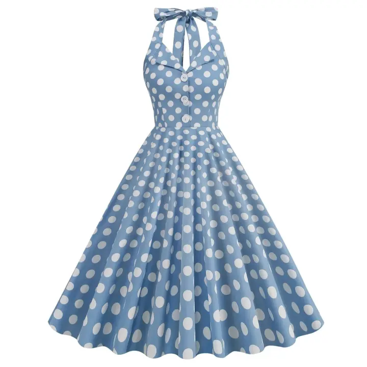 2025 nuevo Hepburn verano Vintage lunares mujeres Halter elegante fiesta 50s 60s Rockabilly Pin Up túnica Swing vestido de cola - 1