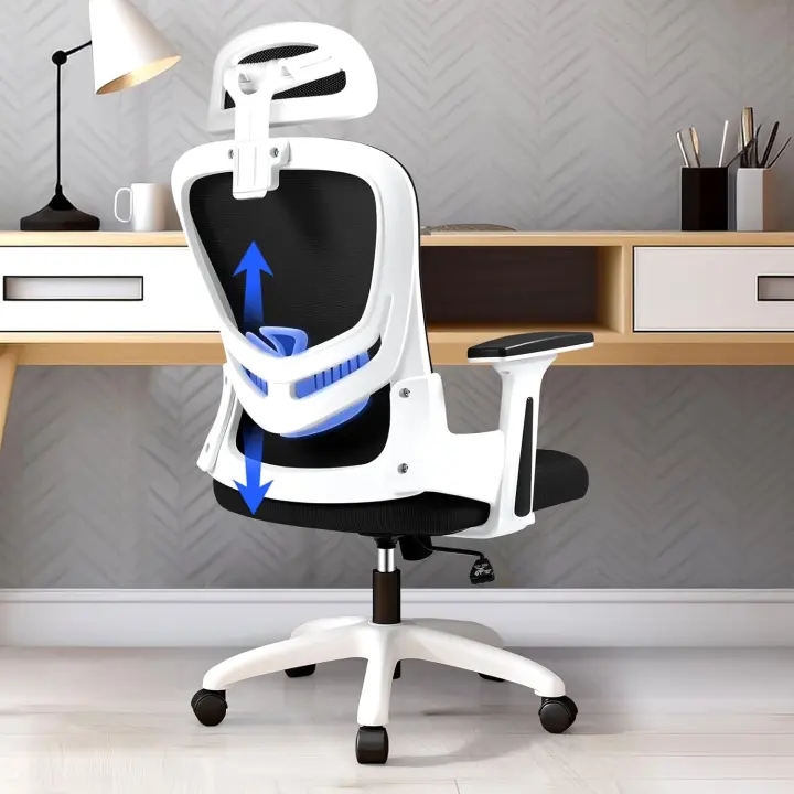 Silla de Oficina Ergonómica con Soporte Lumbar, Reposabrazos y Reposacabezas Ajustable, Silla de Oficina de Malla Transpirable para Casa/Oficina - 1