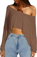BUNO-Tops informales de punto liso con hombros descubiertos, camisetas de otoño de manga larga con cuello oblicuo conciso para mujer, camisetas deportivas irregulares - details 13