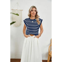 BUNO-2025 Tops para mujer, pantalón corto informal de moda de verano, camisetas básicas con textura a rayas de Color sólido y cuello redondo - details 83