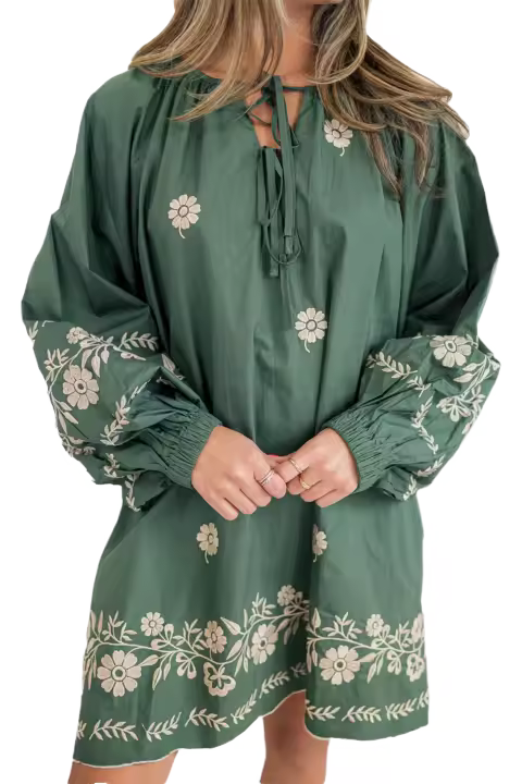 Vestido de Cambio de Manga Abullonada con Cuello de Lazo Floral Boho Verde Mist Tallas S-XL - 1