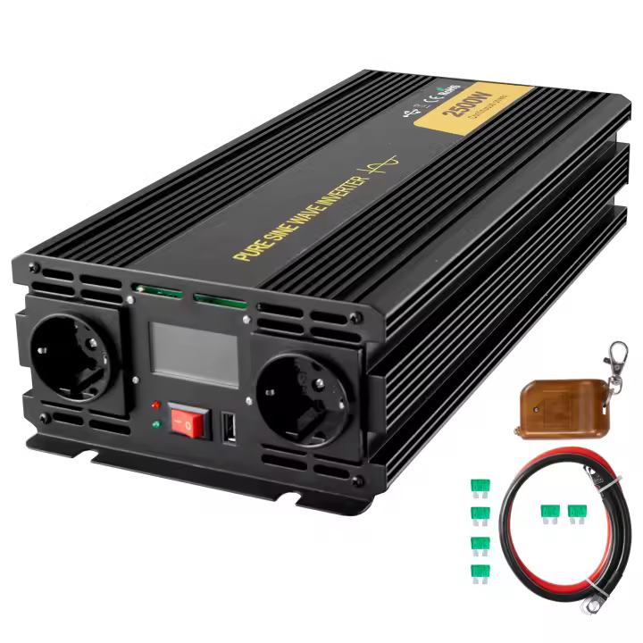 SucceBuy Inversor de onda sinusoidal pura 2500W DC 12V AC 230V Inversor de coche Puerto USB Pantalla LCD Control remoto, protecciones de seguridad para RV Camiones Barcos Emergencia - 1