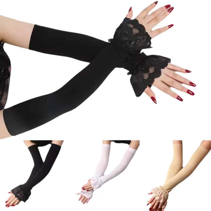 Guantes de conducción de manga larga con encaje de seda de hielo, protección solar y brazo deportivo para mujer, par de manos - 1