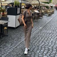 BUNO-Vestido largo de oficina para mujer, de manga corta con cuello vuelto traje elegante, abertura lateral y botón, moldeador de cuerpo, moda de calle - details 3