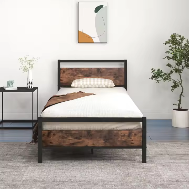 Base de cama de plataforma de metal, tamaño doble, con cabecero y estribo de madera, soporte de acero resistente, no necesita somier, fácil montaje color negro - 1