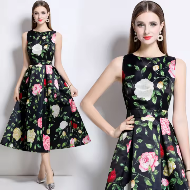 Vestido francés elegante de gama alta, sin mangas, cuello redondo, cintura estampada, adelgazante, corte en A, gran swing - 1