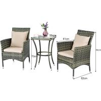 Conjunto Muebles de Jardín Ratán de 3 Piezas, 2 Sillas con Cojines y 1 Mesa de Vidrio Templado, Mesa y Sillas Terraza Terraza Patio Balcón (Beige) - details 2
