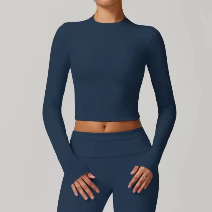 Top de yoga de manga larga para mujer, logotipo personalizado, ropa deportiva de gimnasio, top de fitness sin costuras, ropa de yoga elástica, camiseta de yoga para mujer - 1