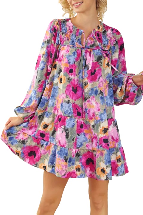 Elrachen Vestido recto con manga de burbuja y cuello con lazo floral para mujer, multicolor, tallas S-XL - 1