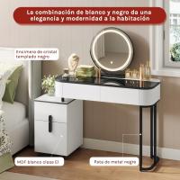 LED Ajustable y Espejo, Maquillaje con Tablero Vidrio Reforzado y Cajonera, Montaje Flexible, 100x40 cm, Mesa Mara y Metal, Blanco+Negro, MB6110wsz - details 2