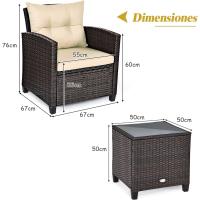 Conjunto de jardín exterior de ratán de 3 piezas, 1 mesa auxiliar de vidrio templado y 2 sillas con cojines, muebles de jardín terraza balcón exterior (negro) - details 10
