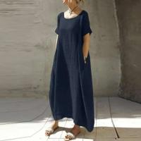 Vestido largo casual de verano para mujer, manga corta, cuello redondo TRE, bolsillos, largo hasta el tobillo - details 10