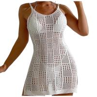 Vestido corto de moda Border Vacation para mujer, cuello redondo, textura cuadrada, hueco, transparente, tirantes finos, Sexy - details 1